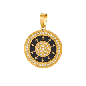 Close-up of gold cross pendant with black enamel inlay and sparkling crystal border
