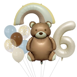 Detailed set with brown teddy bear balloon, cream number 6 and rainbow foil balloons