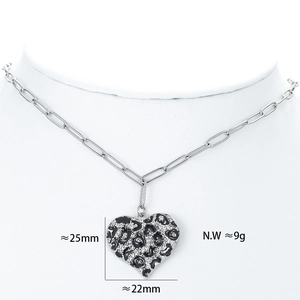 18K gold-plated heart pendant necklace with leopard pattern and silver-tone chain
