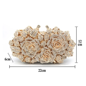 Detail view of gold rhinestone rose evening bag with precise 22x12x6cm dimensions