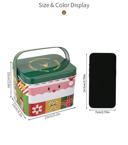 Size display of Christmas tin box with handle featuring Santa Claus and measurement guide