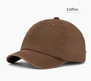Detailed side view of a coffee brown short brim cotton baseball cap with retro soft top