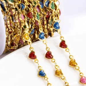 Golden stainless steel chain with colorful glitter heart pendants for DIY jewelry making