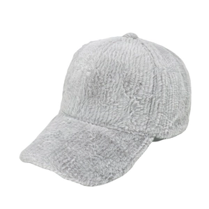 Winter plush baseball cap in light gray with vertical stripes and warm faux fur texture