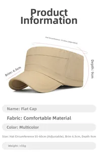 Detail view of khaki quick-dry flat top cap with adjustable buckle and size specifications