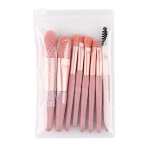 Portable 8pcs macaron pink makeup brush set with soft bristles in transparent PVC pouch