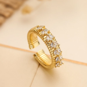 Elegant 18K gold plated geometric open ring with leaf shaped zircon stones for women
