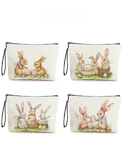 Detailed grid view of four Easter bunny canvas cosmetic bags with black zippers and wristlets