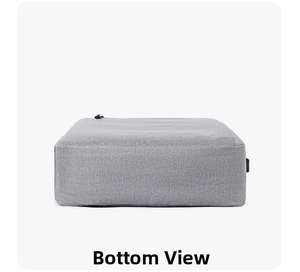 Detailed bottom view of the grey fabric backpack showing durable texture and zipper