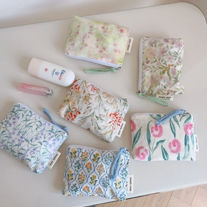 Floral cotton mini storage pouch set with zipper for coins and makeup organization