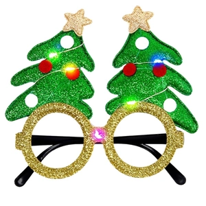 Christmas LED light-up glasses with green tree frames and gold glitter for party decoration