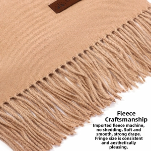 Detailed close-up of camel wool scarf showing fine twill texture and fringed edges