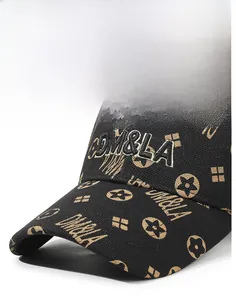 Detailed close-up of embroidered monogram twill fabric on a vintage style baseball cap