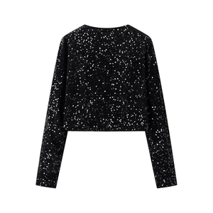 Macro detail of high-quality black sequin texture on long sleeve cropped jacket back