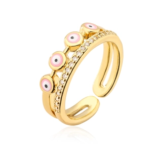 Adjustable gold ring with double layers, sparkling zircons, and pink evil eye charms