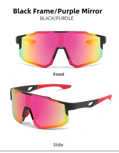Front and side view of large frame sports sunglasses with purple mirrored lenses