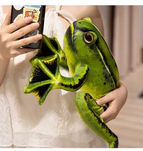 Detailed close-up of a realistic green plush frog with lifelike 3D eyes and spots