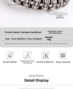 Baroque crystal headband specifications showing dimensions 15x16cm and 80g weight detail