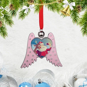 Christmas heart ornament with pink angel wings featuring Santa and Reindeer cartoon
