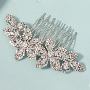 Elegant silver flower and leaf hair comb with sparkling zircons for wedding parties