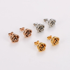 Three pairs of 3D rose flower stud earrings in rose gold, silver, and gold stainless steel