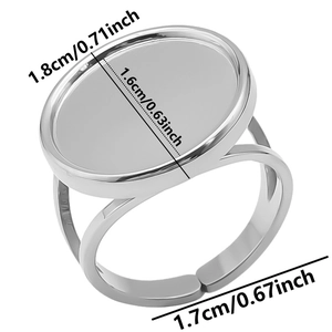 Detailed view of adjustable stainless steel ring base with oval tray and dimensions