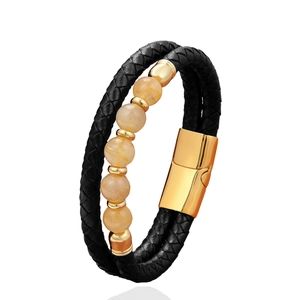 Double-layer braided leather bracelet with yellow stone beads and gold magnetic clasp