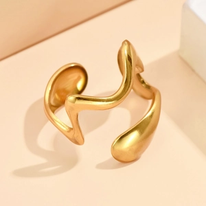Irregular flowing liquid style open ring in polished gold stainless steel