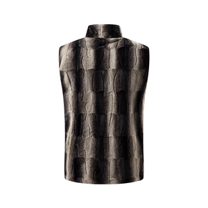 Back view of a luxury faux fur vest with dark brown and grey textures and stand collar