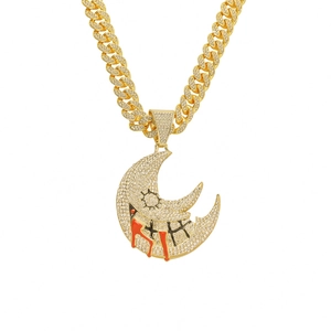 Moon Pendant Necklace Hip Hop Style Alloy Full Rhinestones Red Drip Blood Design Cuban Chain Men Fashion