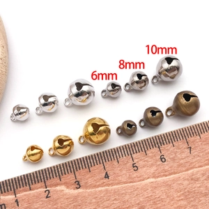 DIY metal jingle bells in gold and silver colors shown in 6mm, 8mm, and 10mm sizes