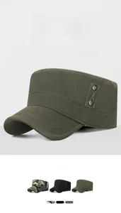 Detailed view of tactical cotton flat top caps in military green, camo, and black colors