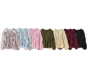 Multi-color palette showing ruffled chiffon blouses with elegant V-neck and long sleeves