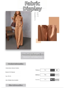 Detail view of tan two-piece vest and wide-leg pants set with 95% polyester fabric specs