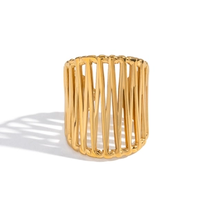 Modern geometric hollow wide band gold ring in polished stainless steel for women