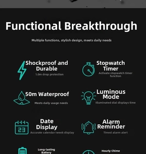 Waterproof sports watch features including stopwatch, alarm, calendar and luminous display