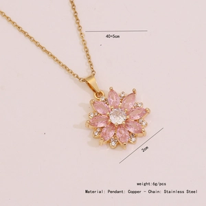 Detail view of pink flower pendant necklace with dimensions 2cm and chain length 40+5cm