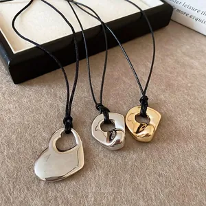 Irregular Hollow Heart Liquid Metal Pendant Necklace Alloy Minimalist Jewelry With Black Rope Chain For Women