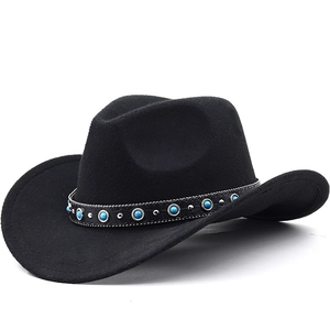 Retro Western Cowboy Hat Wool Felt Wide Brim With Turquoise Beads Leather Band Ethnic Jazz Fedora For Men Women