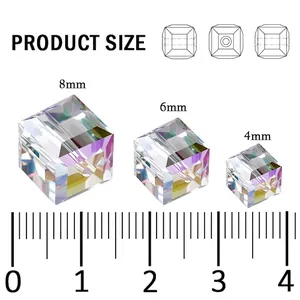 Aurora AB cube crystal glass beads in 4mm 6mm 8mm sizes with detailed measurement guide
