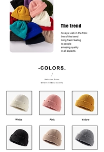 Collage of knit beanies in various colors showing texture and distressed design