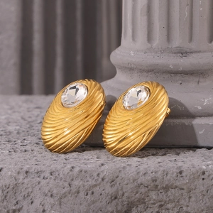 18K gold plated oval stud earrings with spiral texture and clear crystal inlay