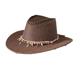 Brown western cowboy straw hat with colorful beads, seashells and feather charms