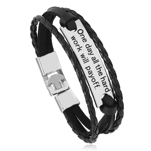 Men Multilayer Bracelet Braided PU Leather With Engraved Inspirational Metal Plate Casual Fashion Jewelry