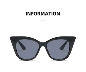 Front view of black cat eye sunglasses with glossy frame and grey lenses on white background