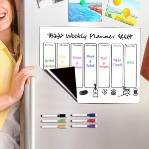 Detailed view of flexible magnetic weekly planner on fridge with 8 colorful dry erase markers