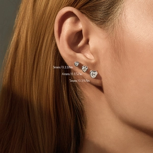S925 sterling silver heart moissanite stud earrings shown in 3mm 4mm and 5mm sizes