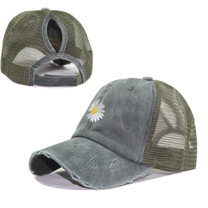 Vintage washed cotton baseball cap with daisy embroidery and ponytail hole