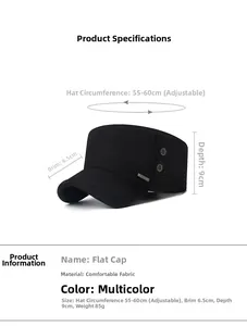 Detail view of cotton flat top army cap with adjustable strap and size specifications