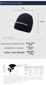 Size chart and specifications for the dark blue knitted winter beanie with logo